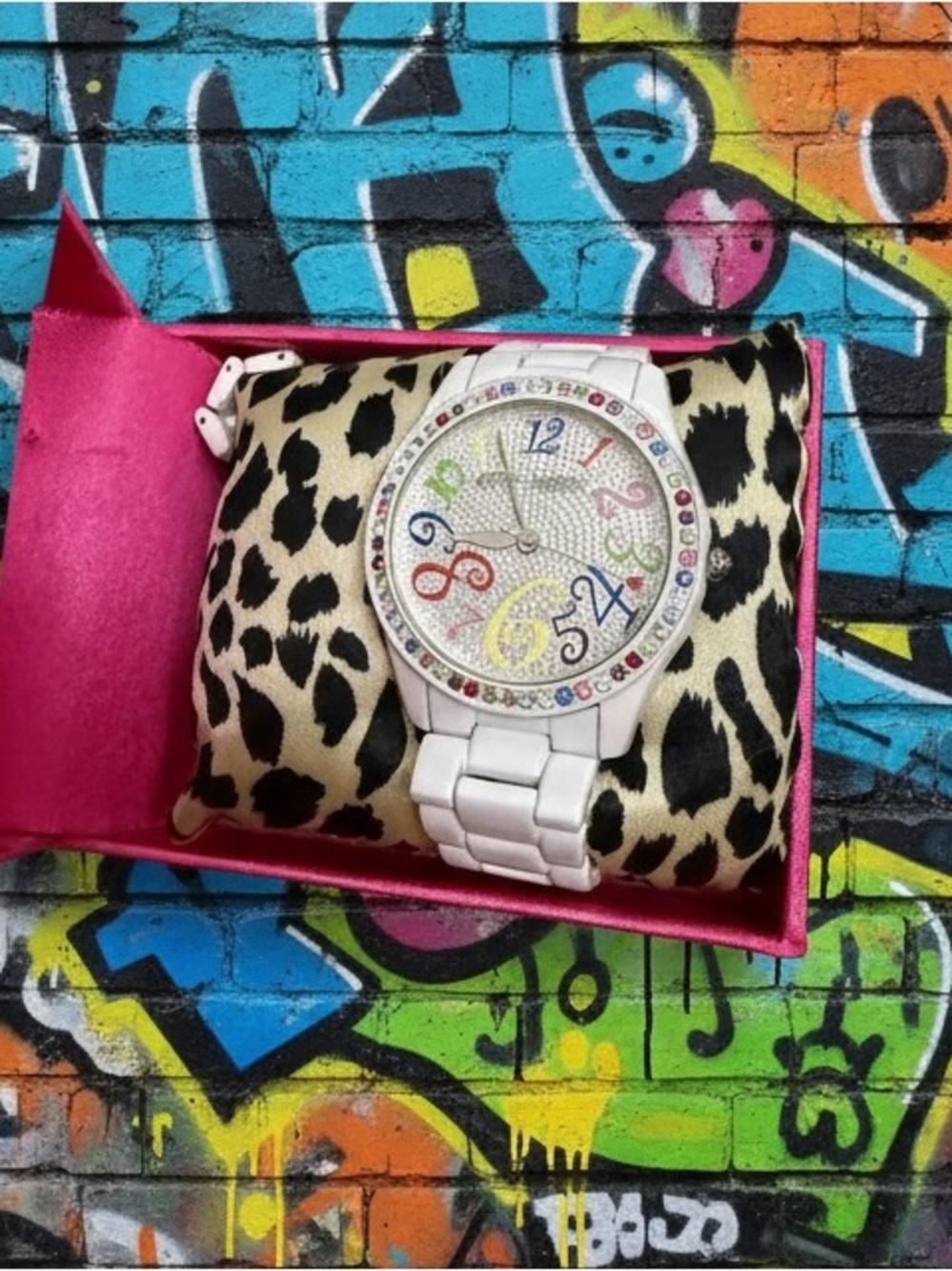 Vintage Betsey Johnson White Watch with Multicolor Numerals and Crystal Bezel